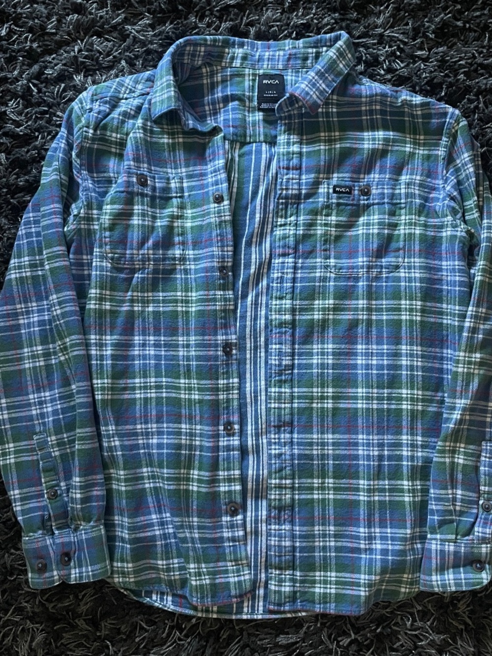 RVCA Mens Plaid Flannel Shirt Sz L ~ Regular Fit 100% Cotton Long Sleeve Blue